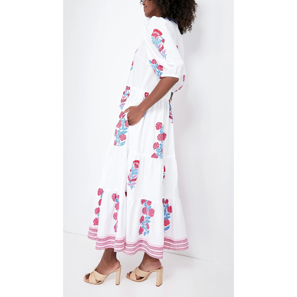 OLIPHANT Tuckernuck Pink Blue Block Print Grandiflora Puff Sleeve Maxi Dress XS - Picture 2 of 14